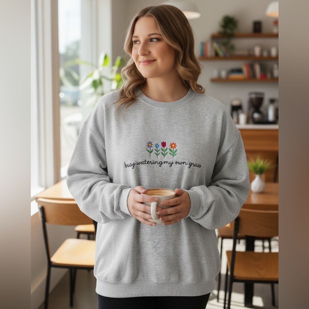 Gildan Busy Watering my Own Grass Gray Crewneck Sweatshirt